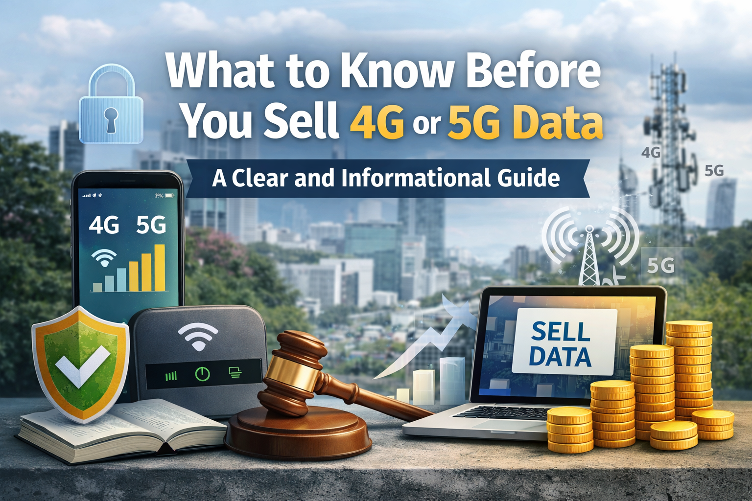 Realistic infographic showing what to know before selling 4G or 5G data, featuring a smartphone, Wi-Fi router, laptop with sell data screen, coins, and telecom towers with security and legal elements in a city background.