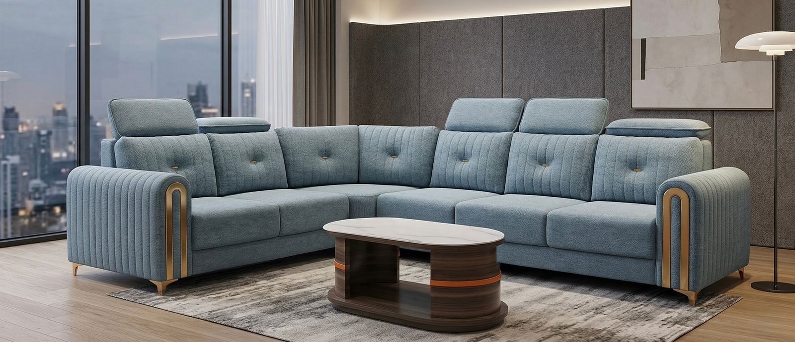 Luxury L-Shaped Sectional Sofa with Gold Accents