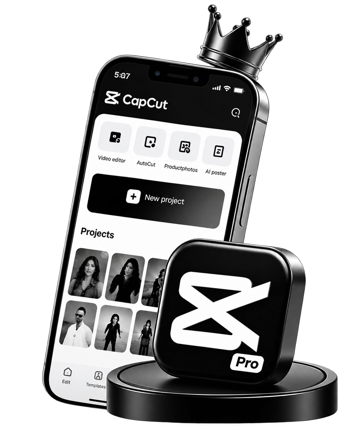 CapCut-style crowned video editing app showcase