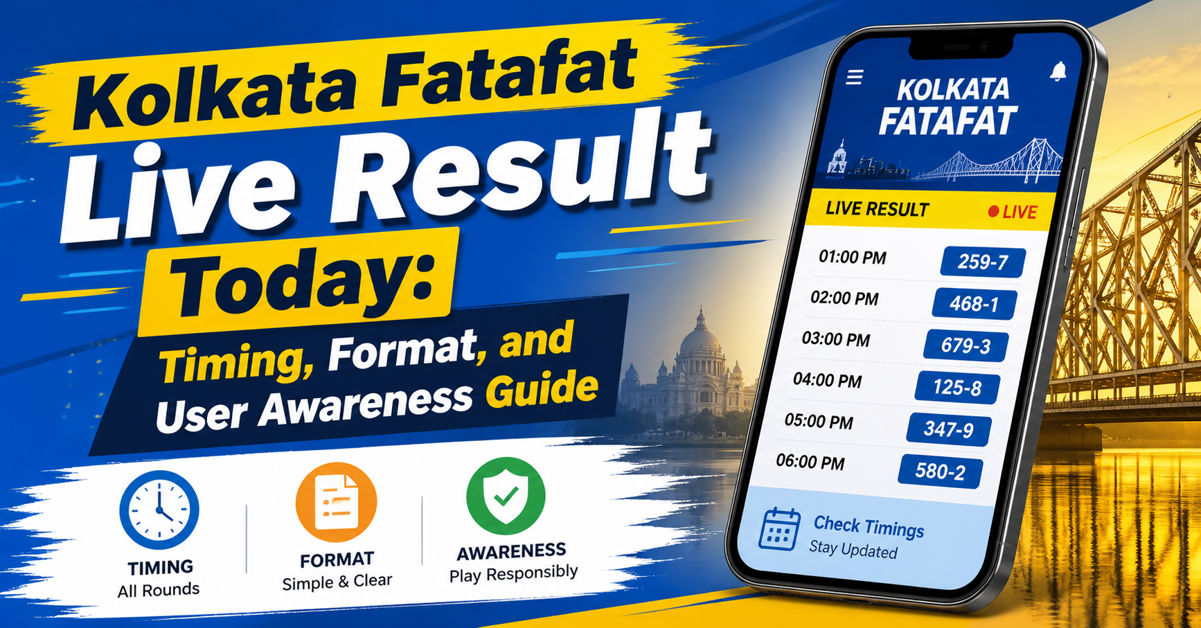 Bright blog thumbnail showing a smartphone with Kolkata Fatafat live results, bold headline text, and icons for timing, format, and user awareness on a blue and yellow background.