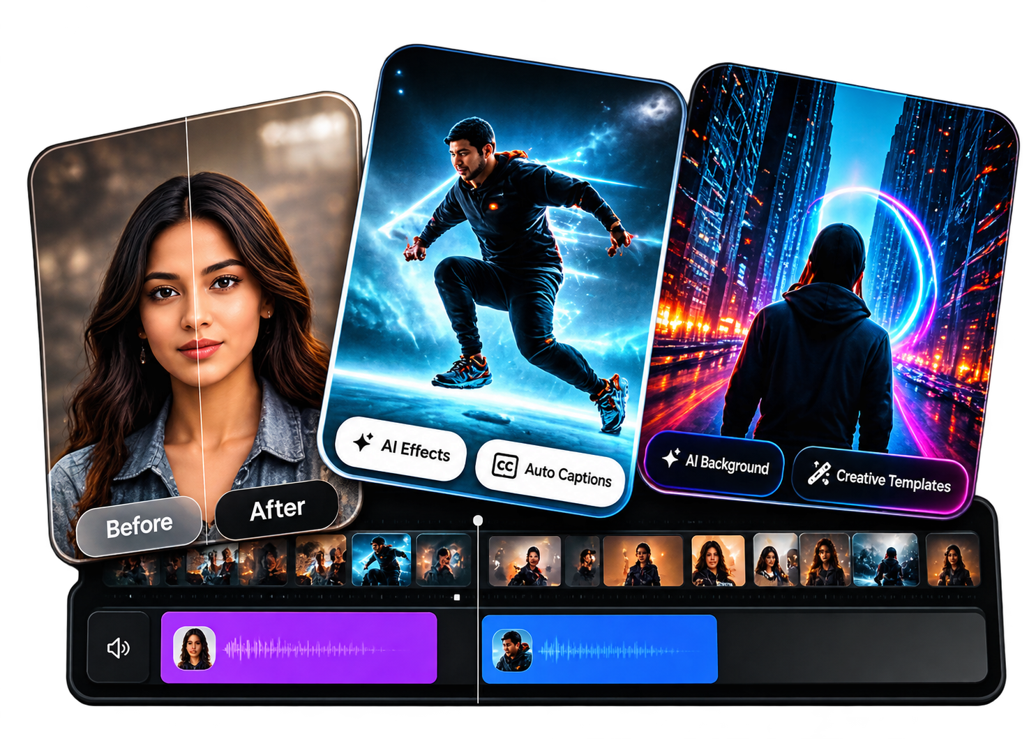 AI video editing showcase with before and after portrait, effects, captions, creative backgrounds and editing timeline