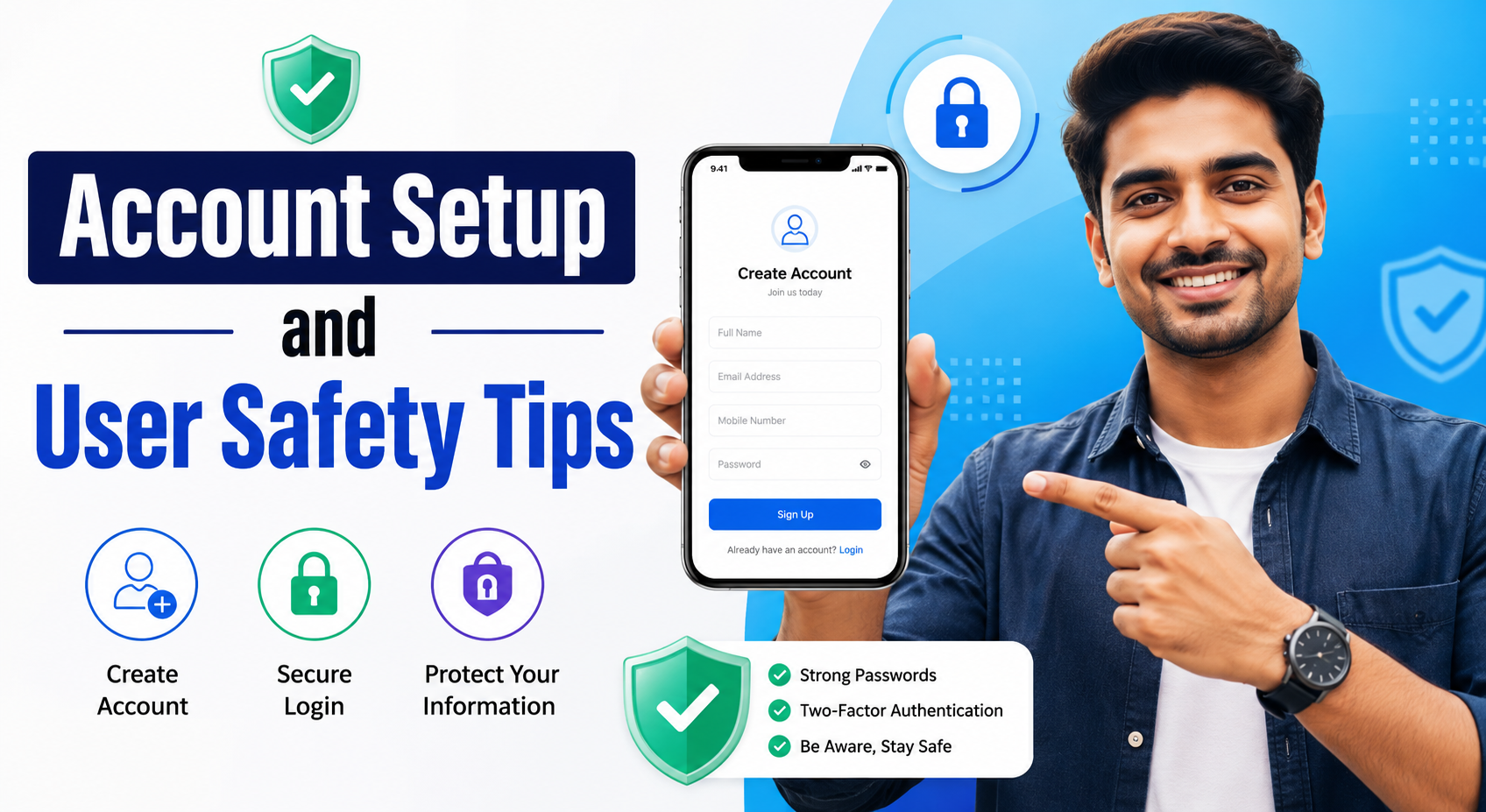 Account setup and user safety tips thumbnail showing an Indian user with smartphone, secure login, password, and privacy icons