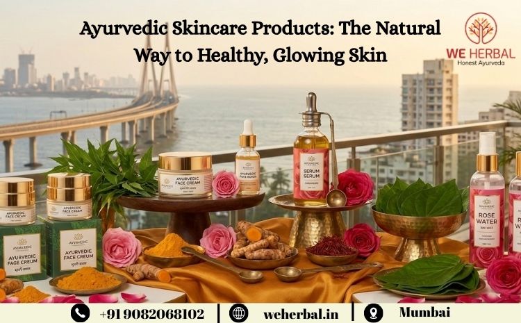 Alt Text: Ayurvedic skincare products displayed with herbal ingredients, face creams, serum, and rose water in a Mumbai-themed setting by We Herbal Honest Ayurveda.
