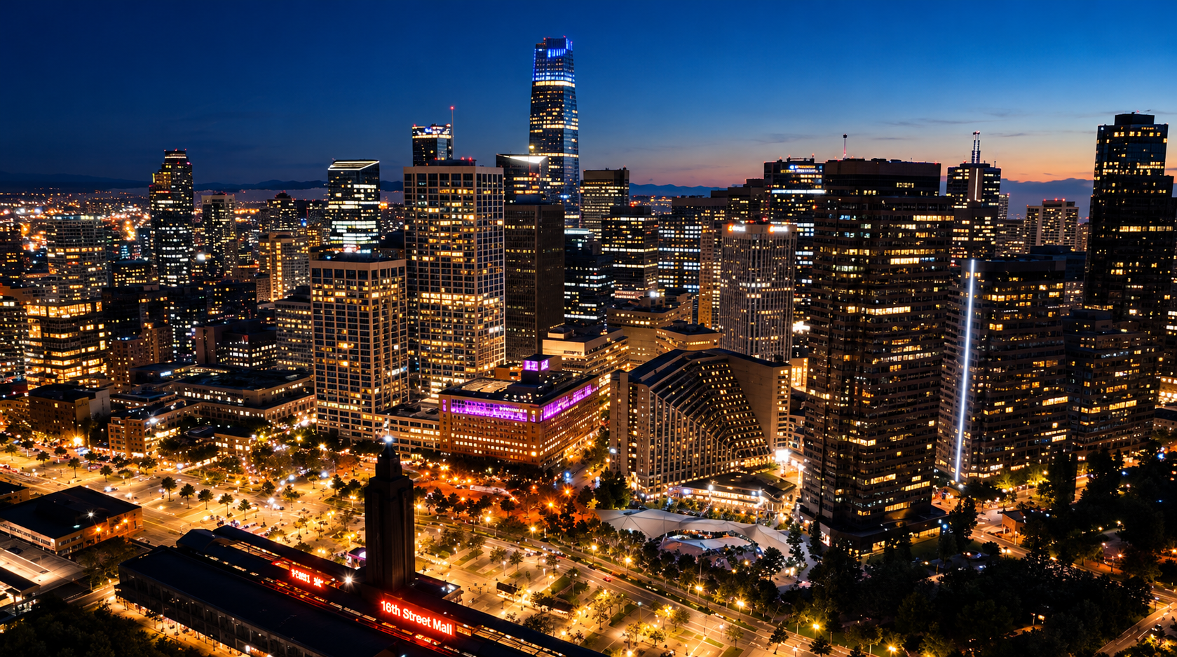 Denver Twilight Skyline and 16th Street Mall